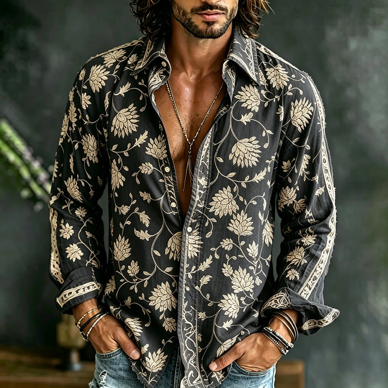 Men's Vintage Floral Printed Art Print Flowy Linen Blend Casual Shirt