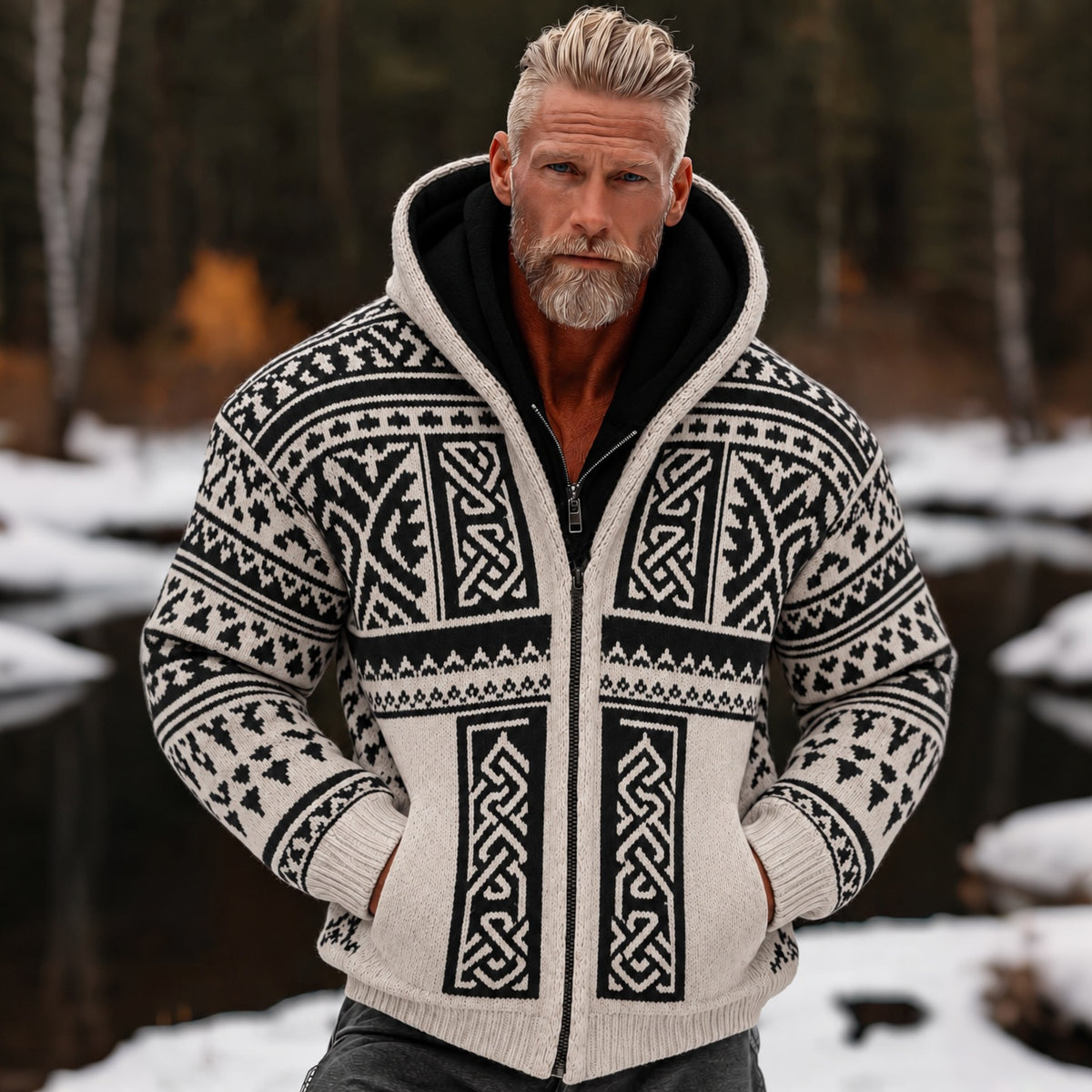 Men's Tribal Celtic Inspired Printed Chunky Knit Hooded Zipped Sweater