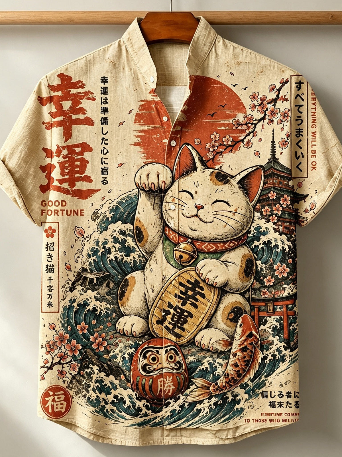 Men's Retro Japanese Art Lucky Cat Print Cotton Linen Shirt