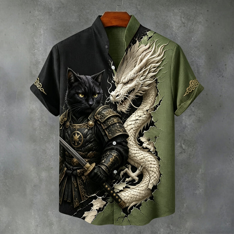 Herren Vintage Schwarz Katze Krieger Und Weißer Drache Japanische Kunst Druck Leinenmischung Lässiges Hemd