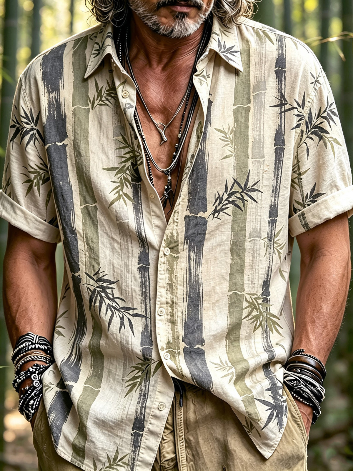Men's Retro Japanese Art Bamboo Print Short-sleeve Shirt