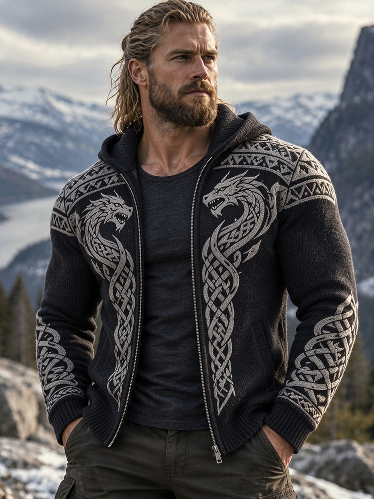 Men's Viking Celtic Dragon Art Print Cozy Zipper Hooded Sweater