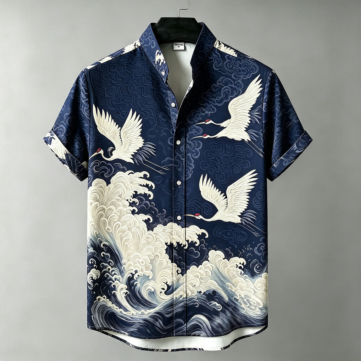 Men's Retro Bohemian Japanese Art Crane And Wave Print Cotton Linen Short-sleeve Shirt