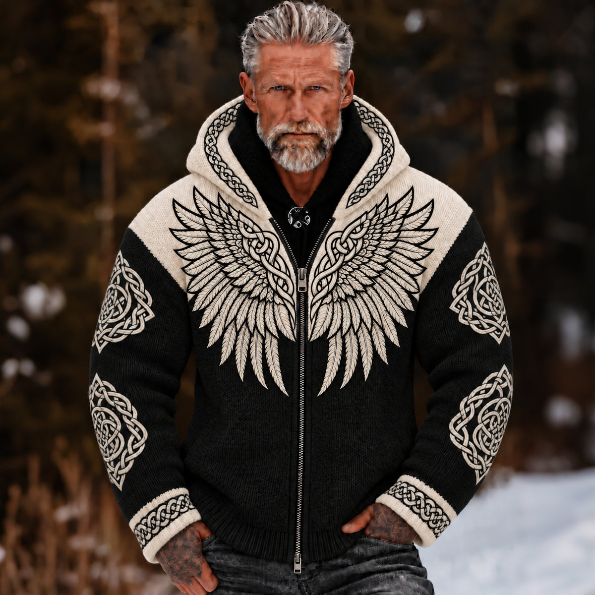 Men's Vintage Wings Art Cozy Warm Knitted Jacquard Zipper Hooded Sweater