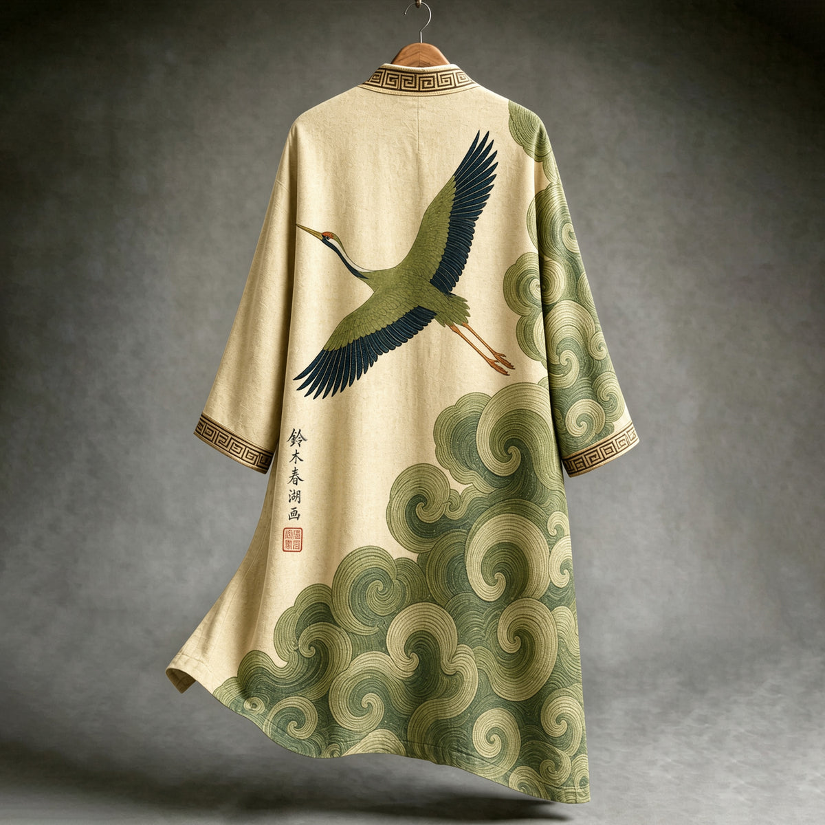 Japanese-style Linen Cardigan With Crane Print From Mount Fuji