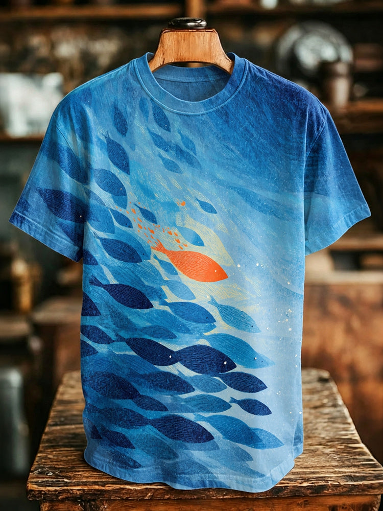 Men's Retro Japanese Fish Art Print Casual T-shirt