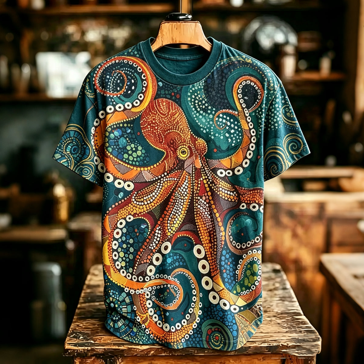 Men's Retro Japanese Art Octopus Print Short-sleeve T-shirt