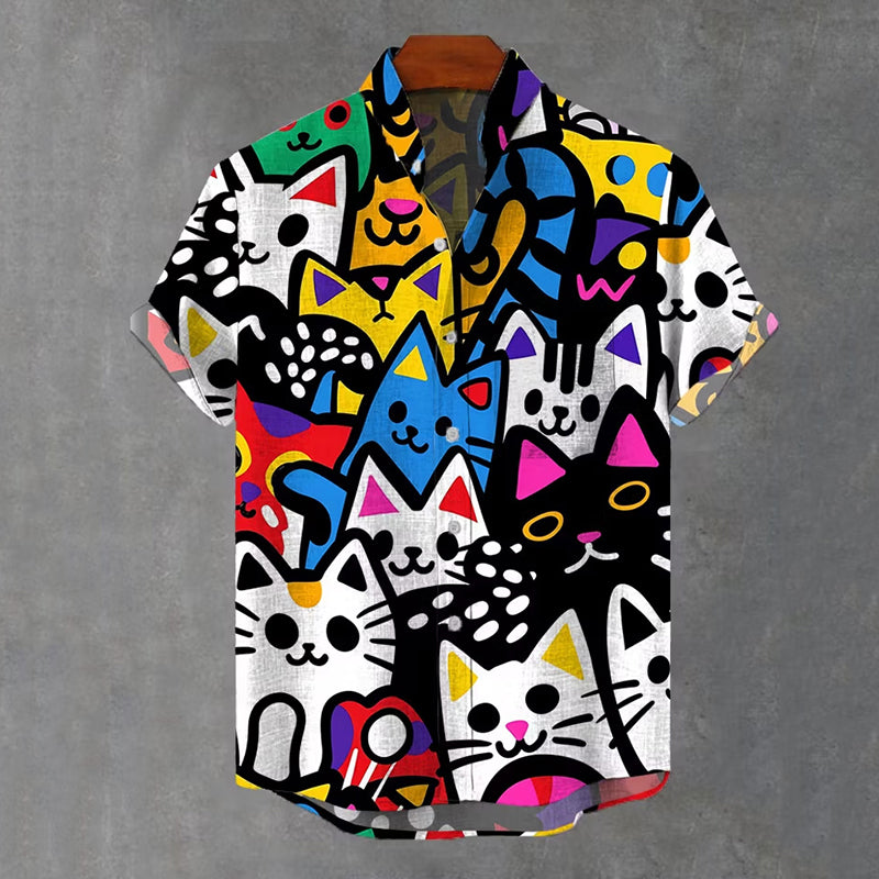Men's Vintage Hand Drawn Cartoon Colorful Cats Stacked Printing Breast Pocket Stand Collar Flowy Linen Blend Casual Shirt