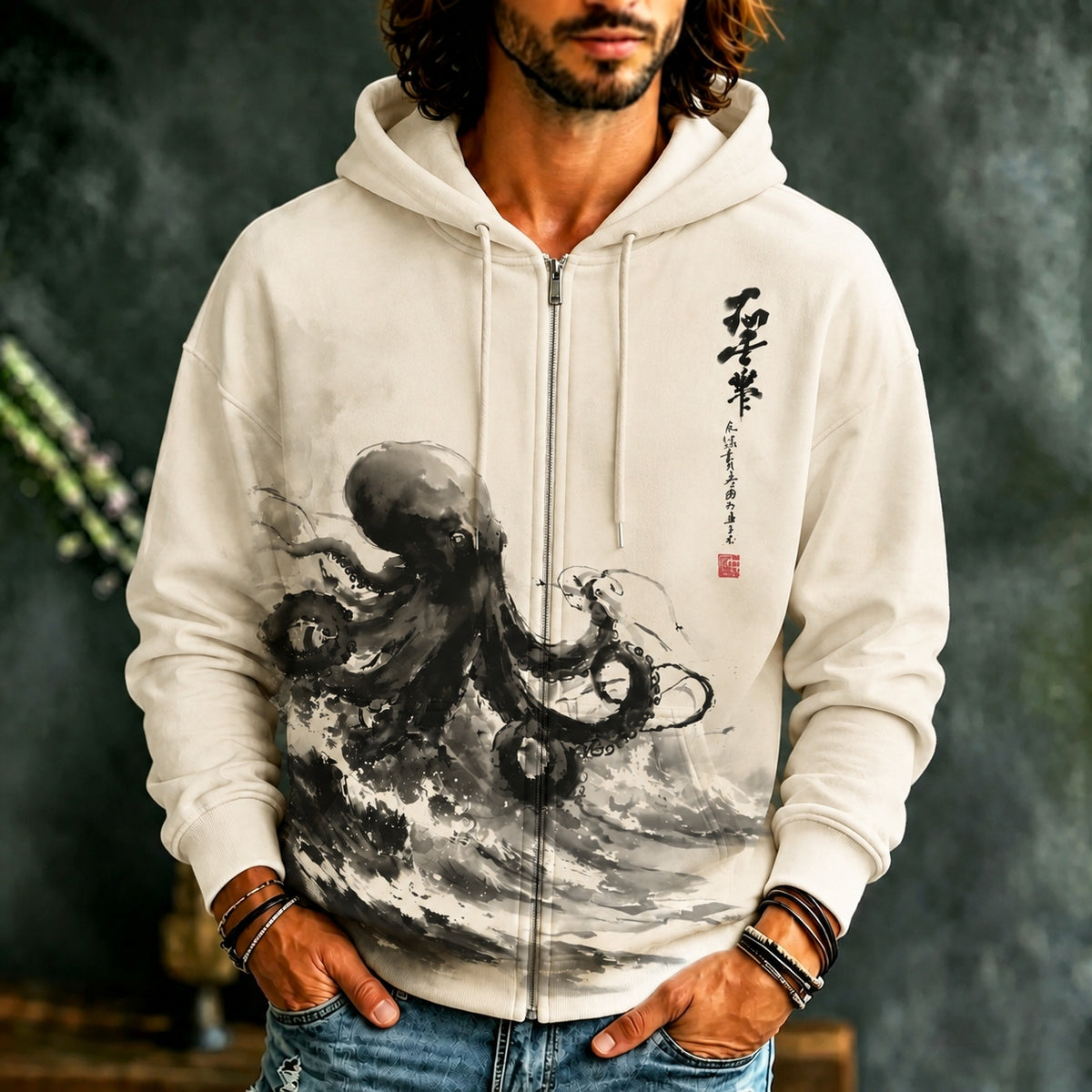 Men's Japanese Octopus On The Sea Art Print Casual Zip Up Hoodie