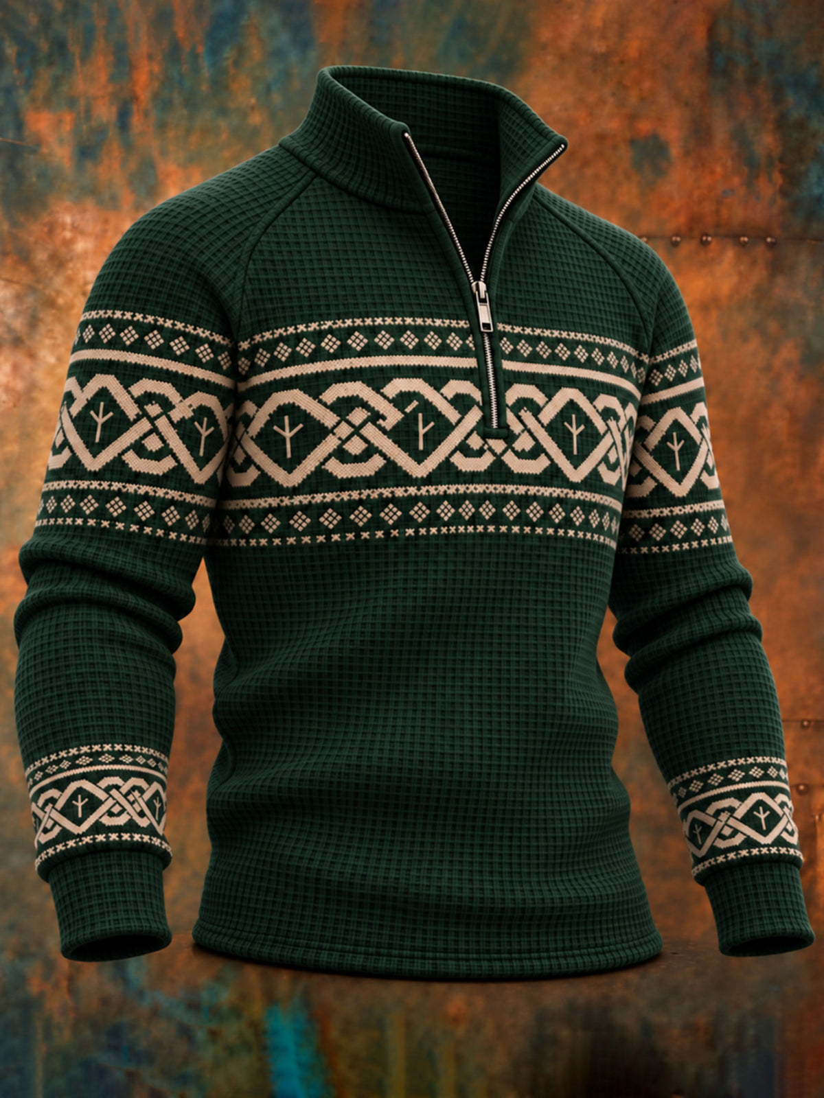Men’s Vintage Viking Celtic Knot Print Long-sleeve Waffle-knit Sweatshirt