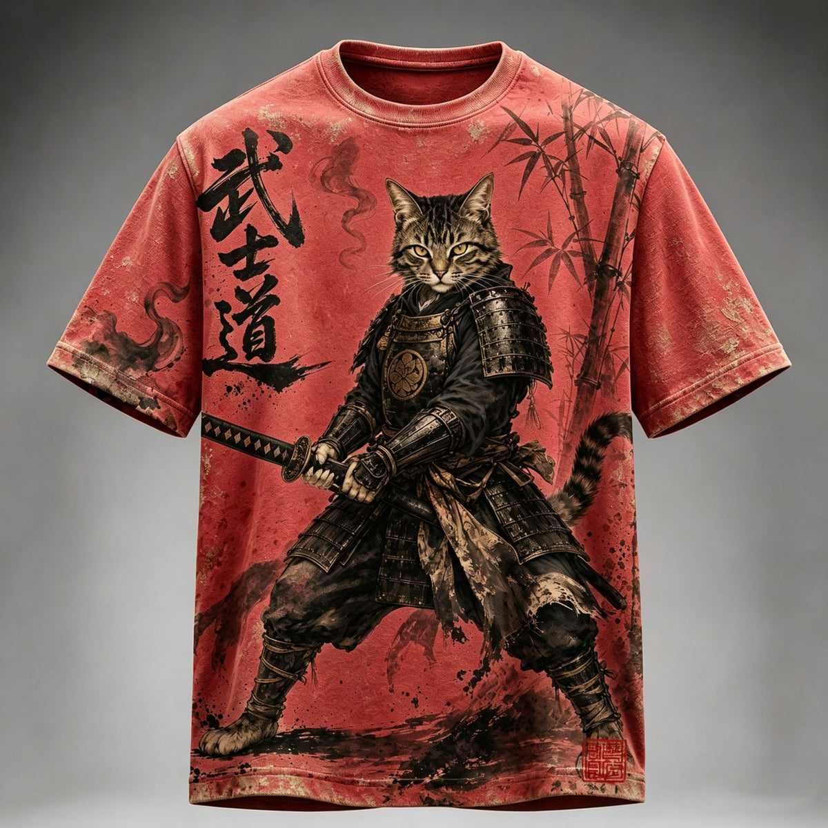 Men's Retro Japanese Cat Samurai Art Print Short Sleeve T-shirt