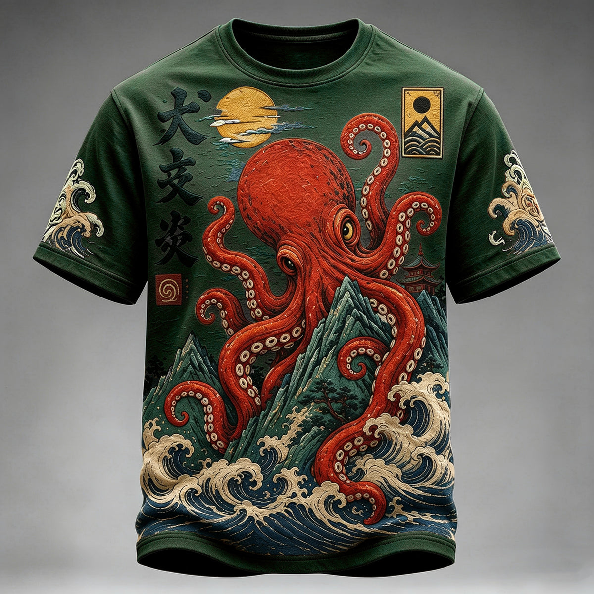 Men's Vintage Japanese Octopus And Wave Art Print Crew Neck Short Sleeve Casual T-shirt