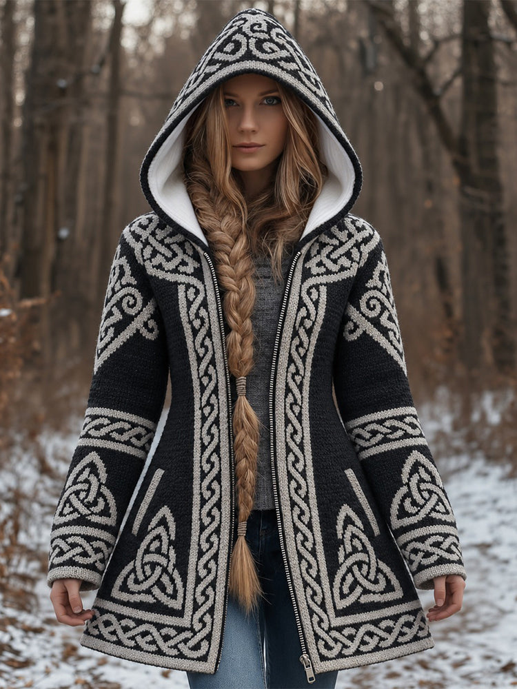Women's Vintage Celtic Knot Knitted Print  Zipper Sweater Jacket
