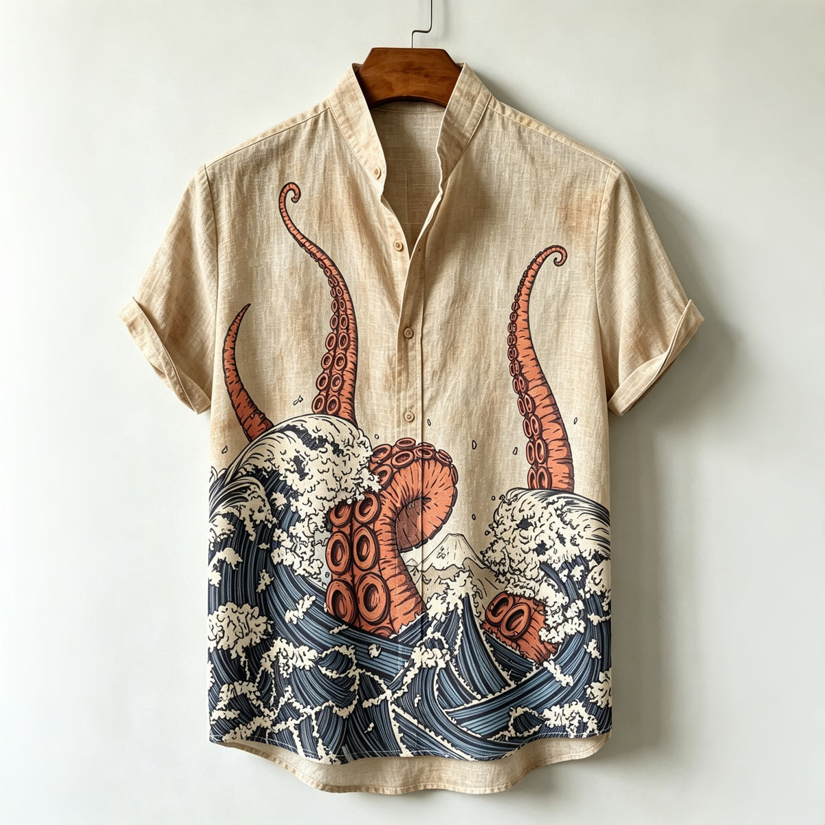 Men's Japanese Octopus And Ocean Waves Art Print Shirt