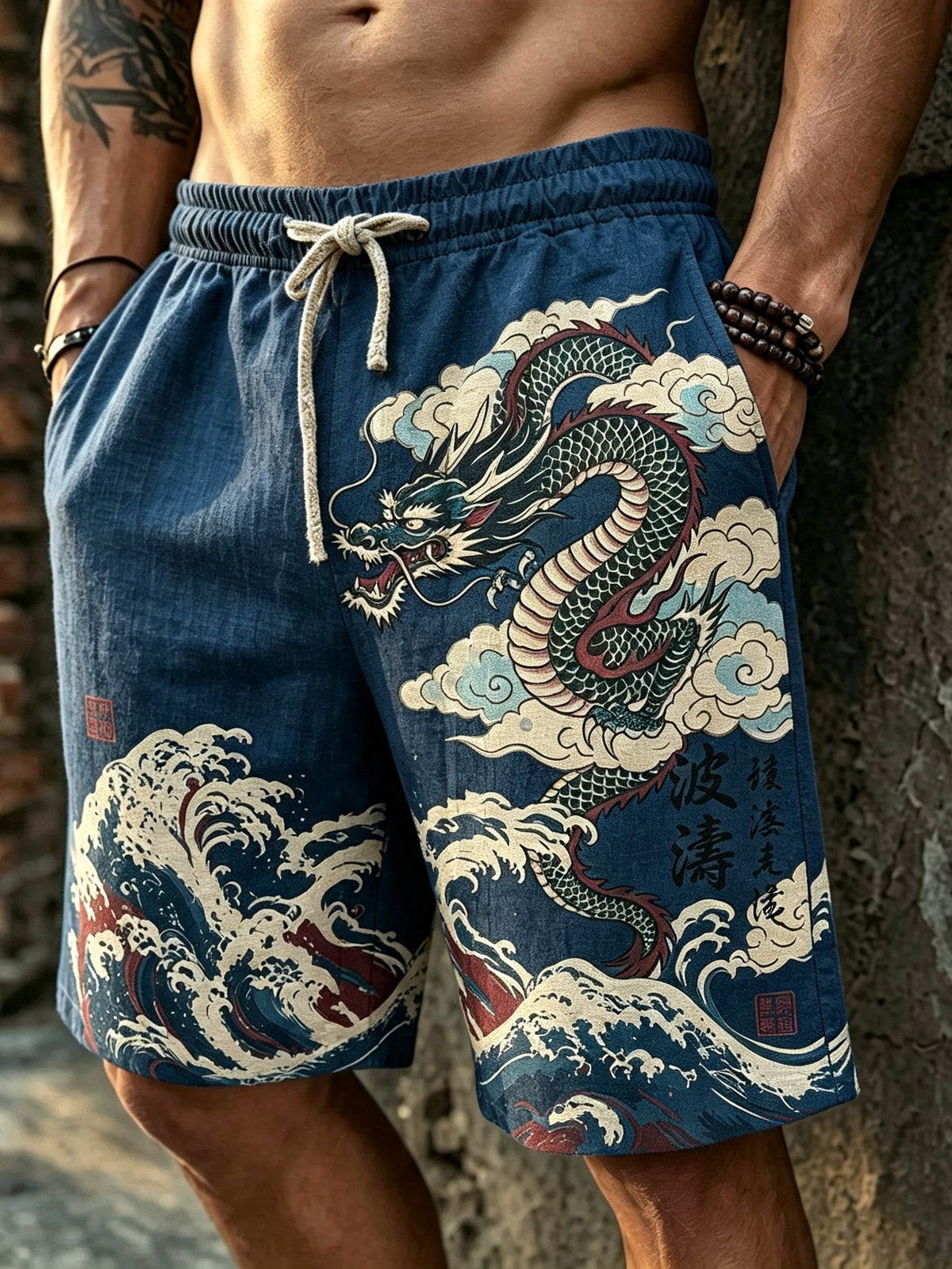 Men's Japanese Art Wave And Dragon Art Print Shorts
