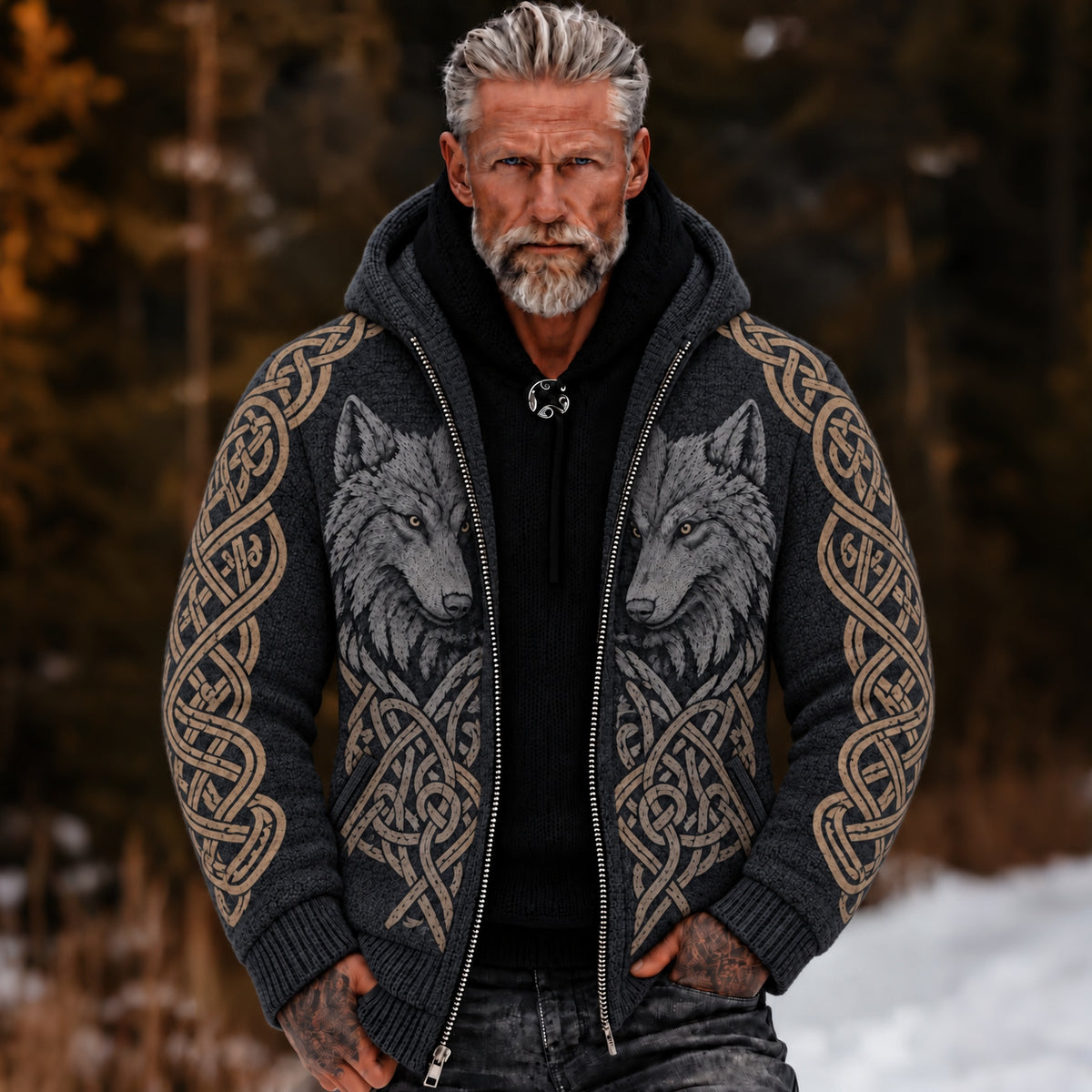 Men's Vintage Viking Wolf Celtic Knot Print Cozy Warm Zipper Hooded Sweater