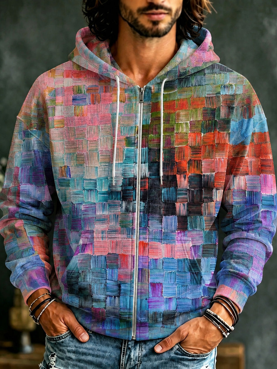 Men's Oil Painting Style Lattice Vintage Art Print Casual Zip Up Hoodie