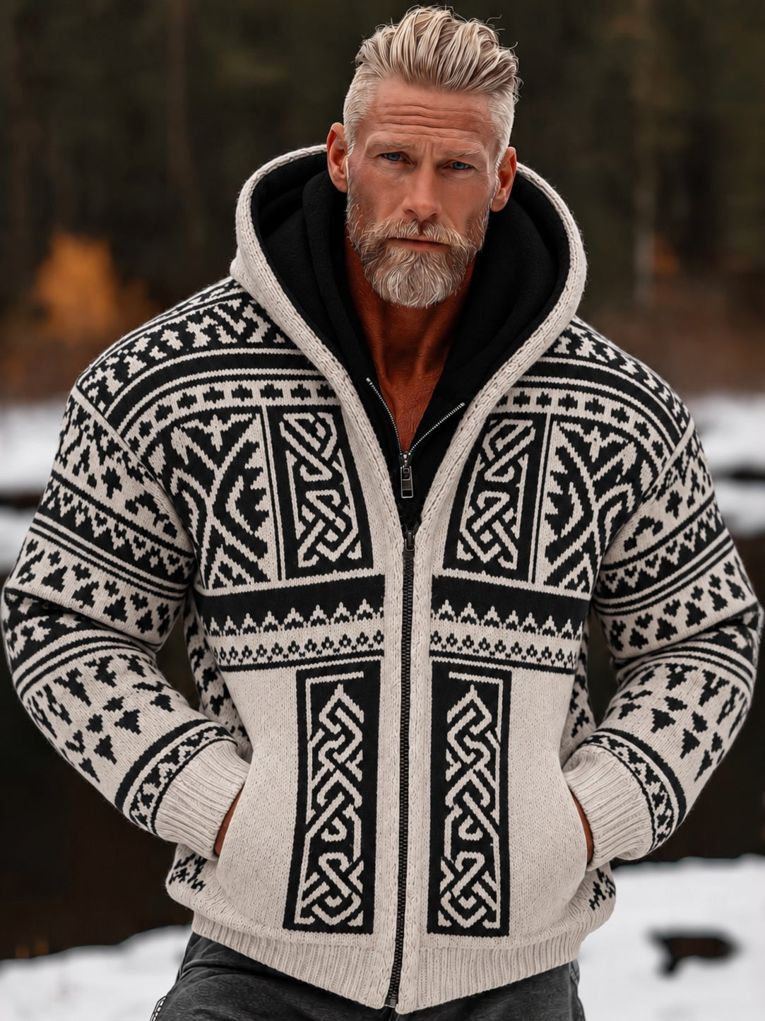 Men's Tribal Celtic Inspired Printed Chunky Knit Hooded Zipped Sweater