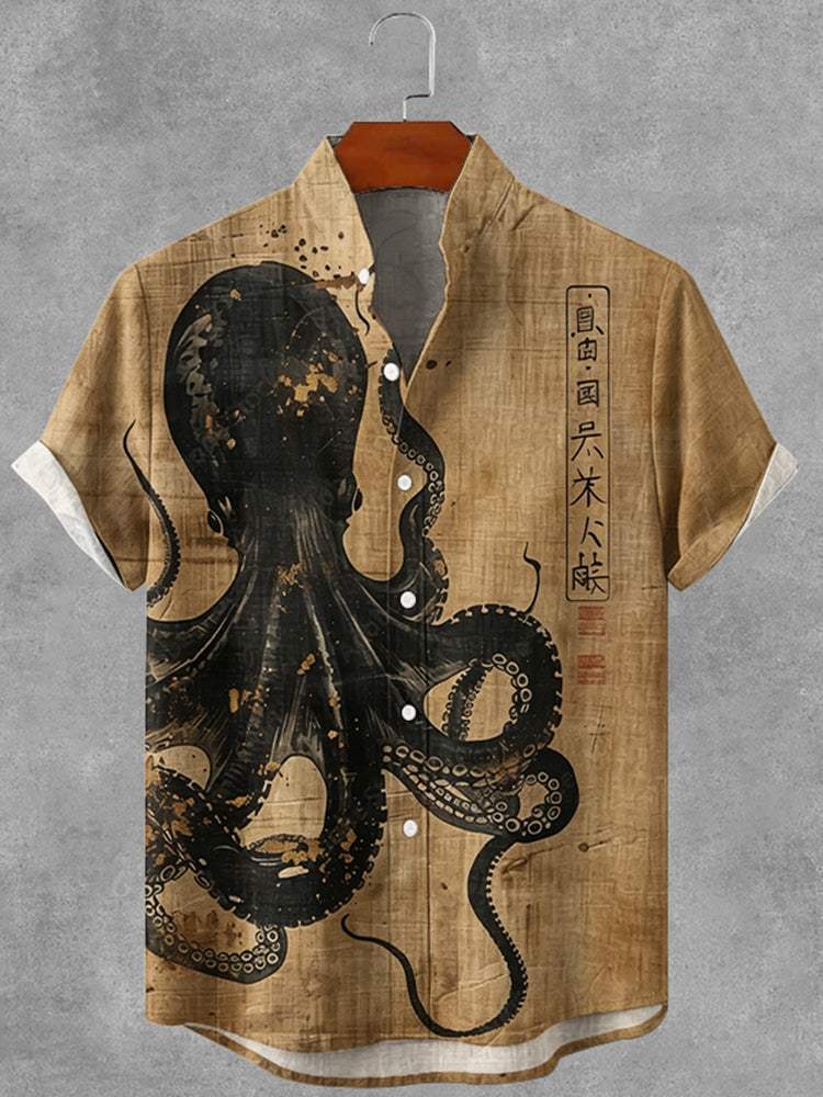 Vintage Japanese Octopus Art Print Button Casual Cotton Linen Shirt
