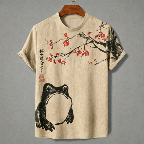 Men's Cute Frog Under Cherry Blossoms Ink Painting Art Print Casual T-shirts
