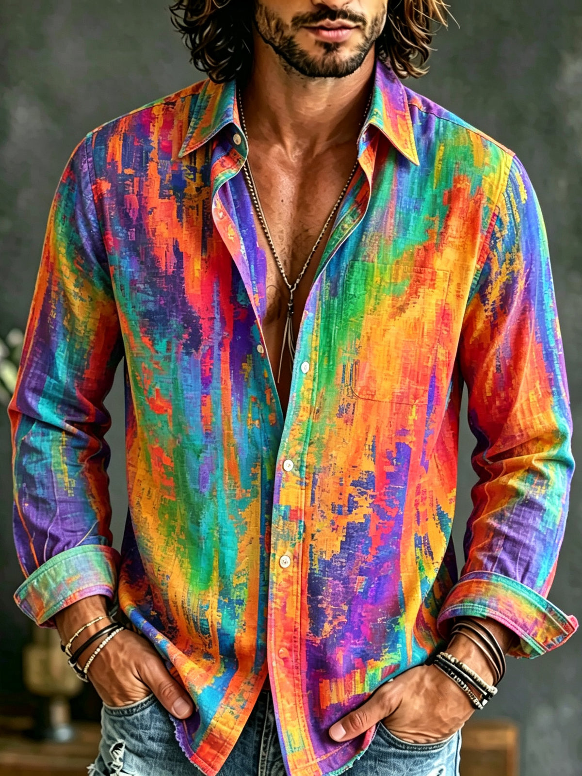 Herren Retro Regenbogenmeliertes Langarm-Leinenhemd mit Kunstdruck