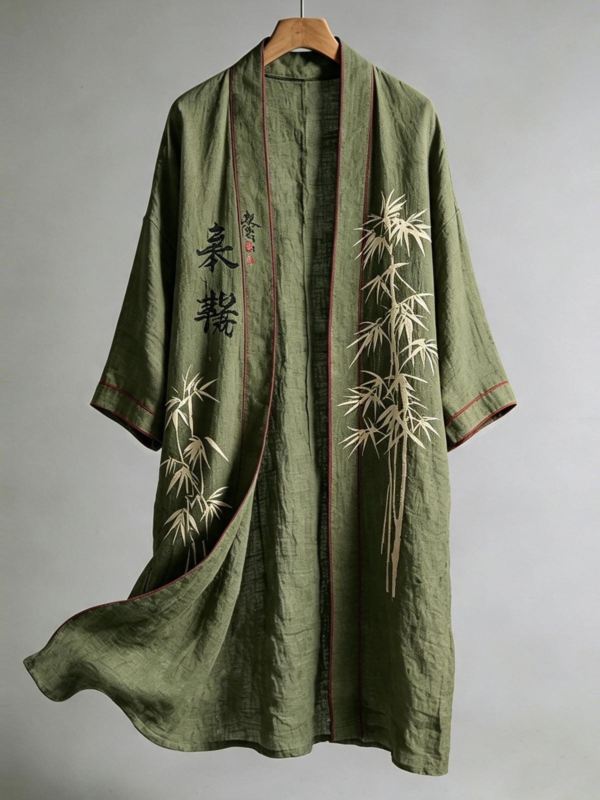 Retro Japanese Bamboo Art Pattern Casual Linen Long Kimono Cardigan