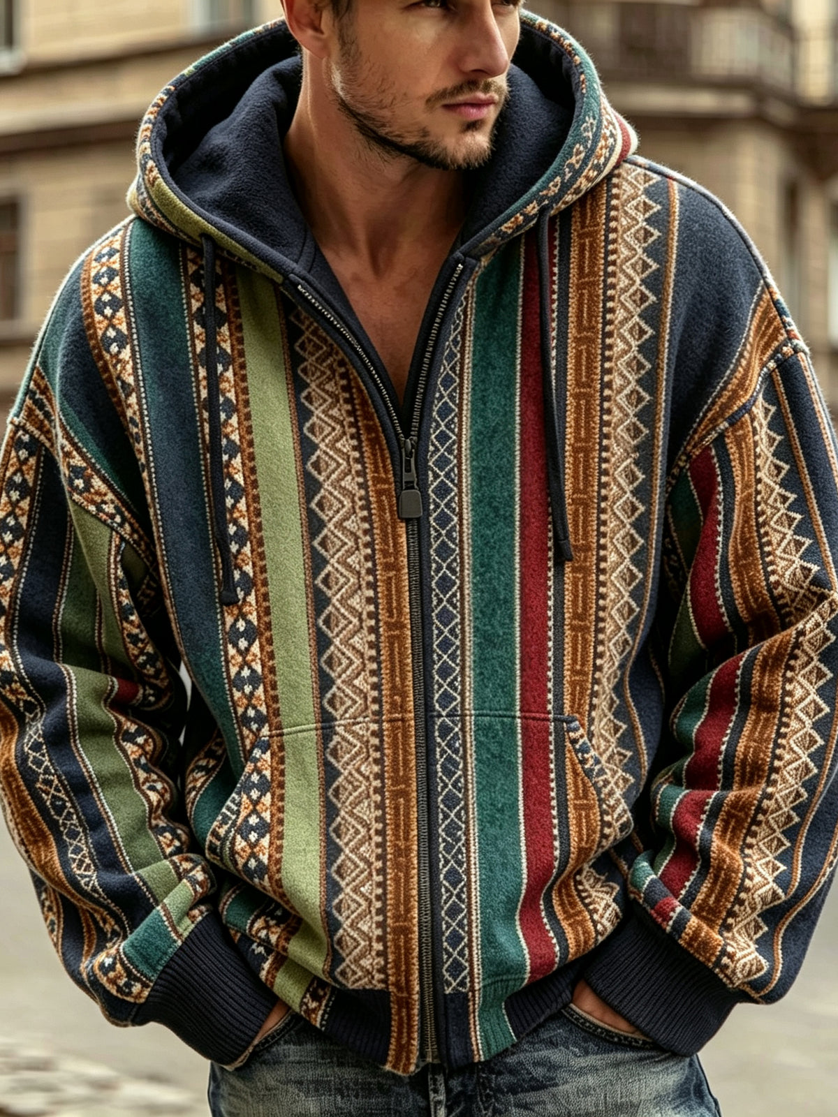 Men's Retro Geometric Ethnic Pattern Casual Warm Zip-up Hoodie