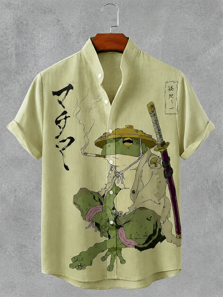 Men's Vintage Japanese Warrior Frog Art Print Button Casual Linen Shirt