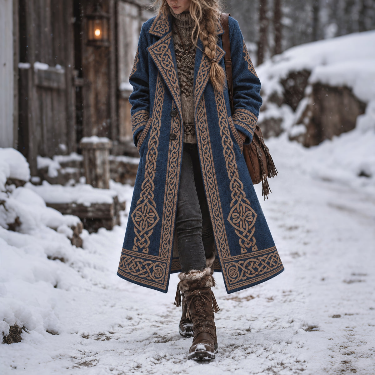 Women's Retro Viking Geometry Celtic Knot Pattern Art Cozy Coat