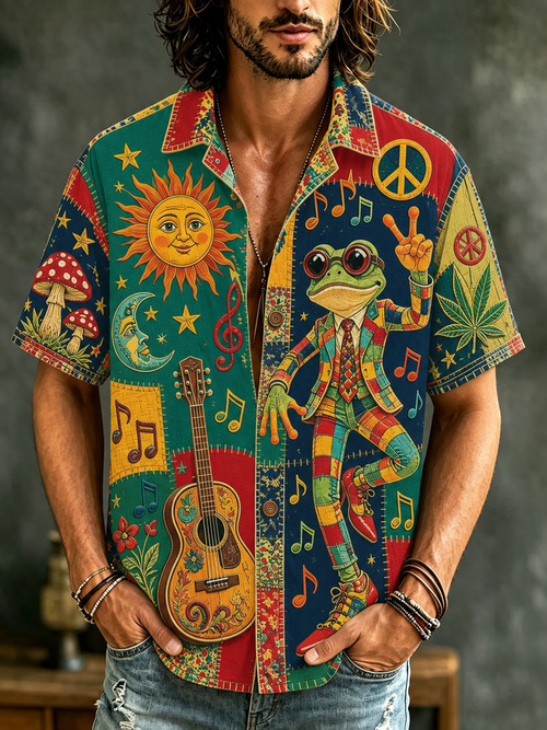 Men's Boho Frog Music Patchwork Psychedelic Peace & Sun Moon Art Print Casual Shirt