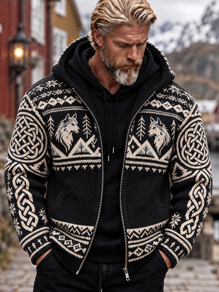 Men's Retro Vintage Celtic Knot And Wolf Print Zip-up Hooded Sweater