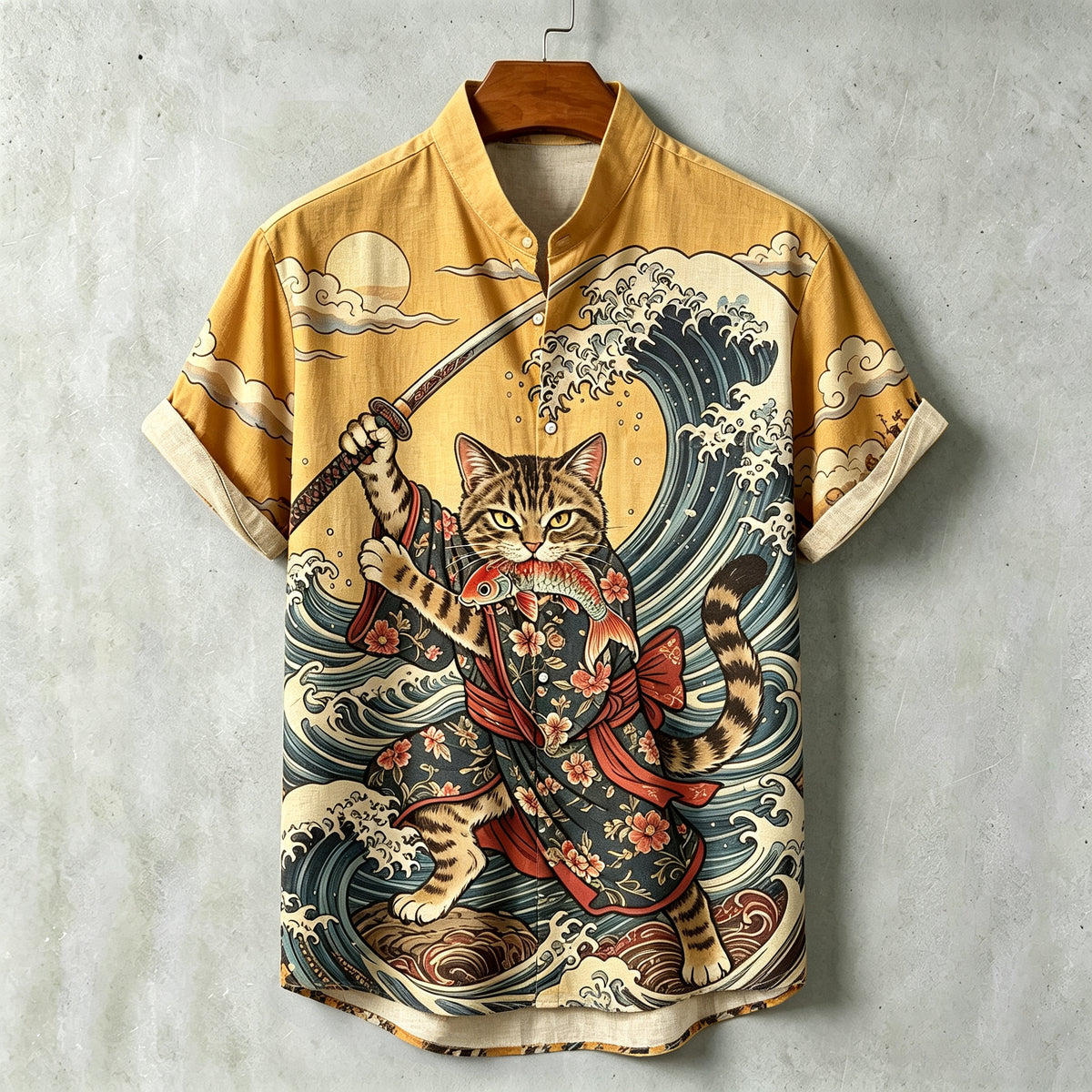 Men's Samurai Wave Print Short-sleeve Linen Shirt
