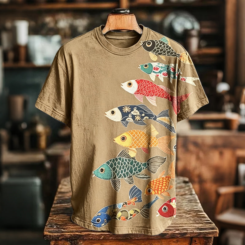 Men's Retro-style Colorful Koi Frog Japanese Art Print Casual T-shirt