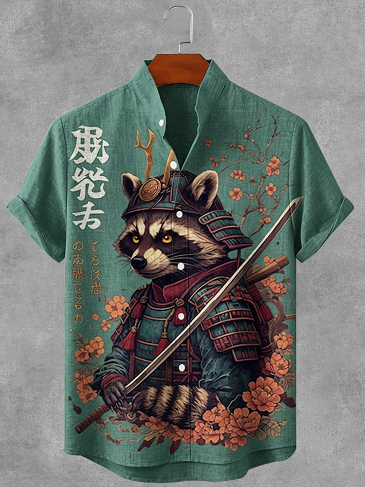 Vintage Japanese Raccoon Art Button Casual Cotton Linen Shirt