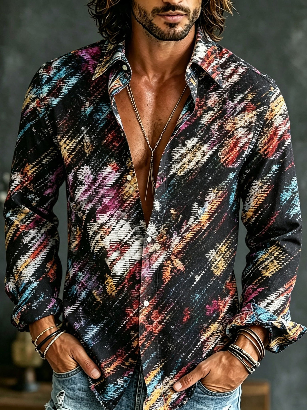 Men's Retro Bohemian Japanese Art Abstract Floral Print Shirt