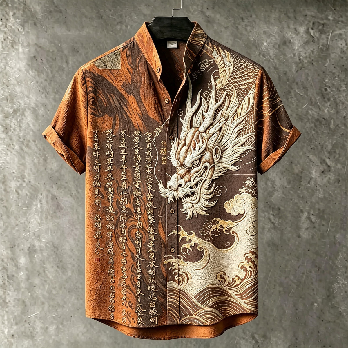 Men's Retro Japanese Art Dragon And Calligraphy Embroidered Print Short-sleeve Shirt