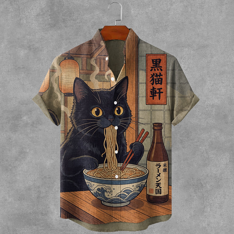 Vintage Black Cat Eating Noodles Art Print Casual Cotton Linen Shirt