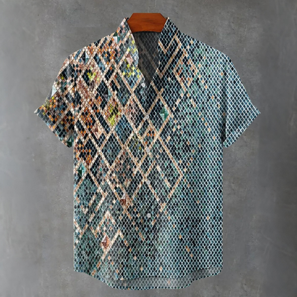 Men's Vintage Decorative Textures Print Art Linen Blend Short-sleeve Shirt