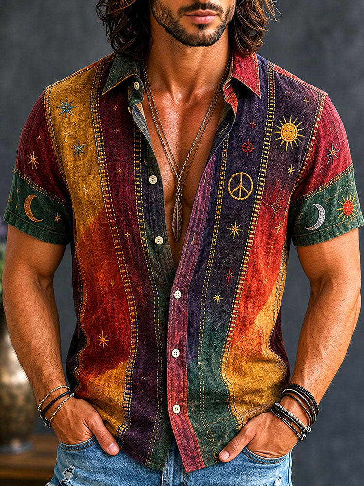 Men's Vintage Patchwork Peace Sign Sun Moon Star Art Print Linen Shirt