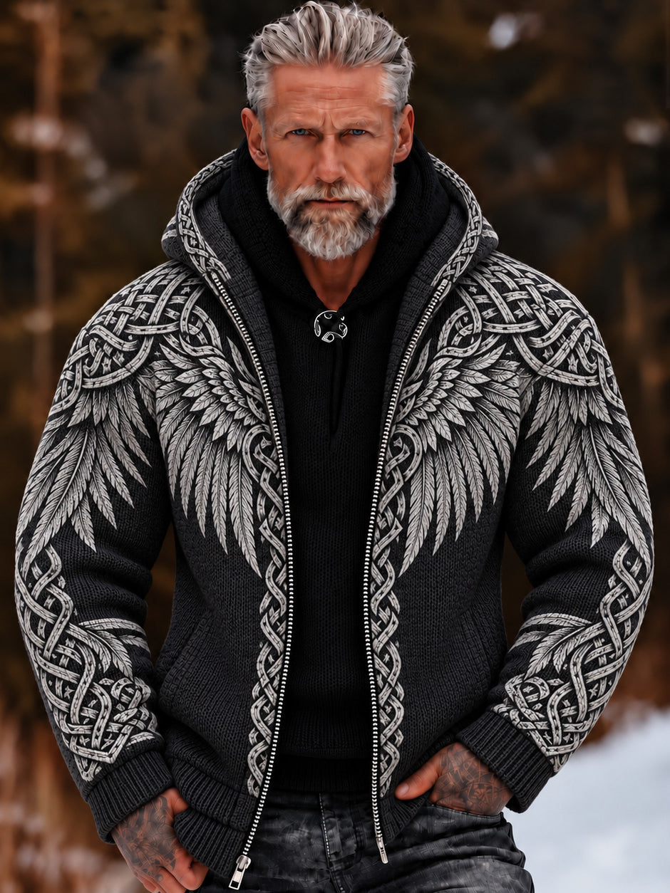 Men's Retro Viking Wings Geometry Pattern Art Zip-up Cozy Hooded Sweater
