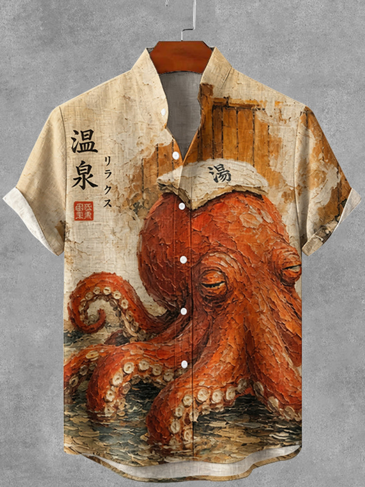 Vintage Ukiyo-e Octopus Art Print Button Casual Cotton Linen Shirt