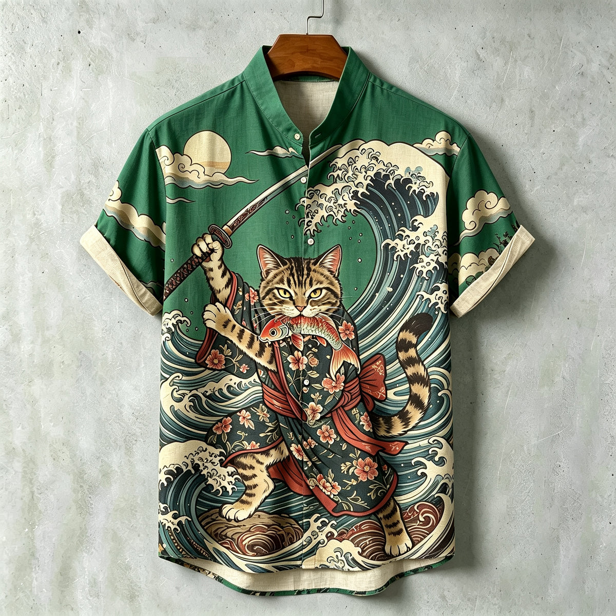 Men's Samurai Wave Print Short-sleeve Cotton Linen Shirt