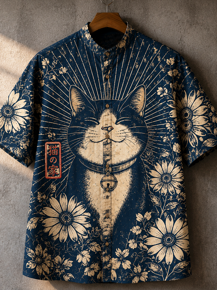 Men's Japanese Style Cat Print Shirt - Maneki Neko & Sunflower Short Sleeve Stand Collar Top