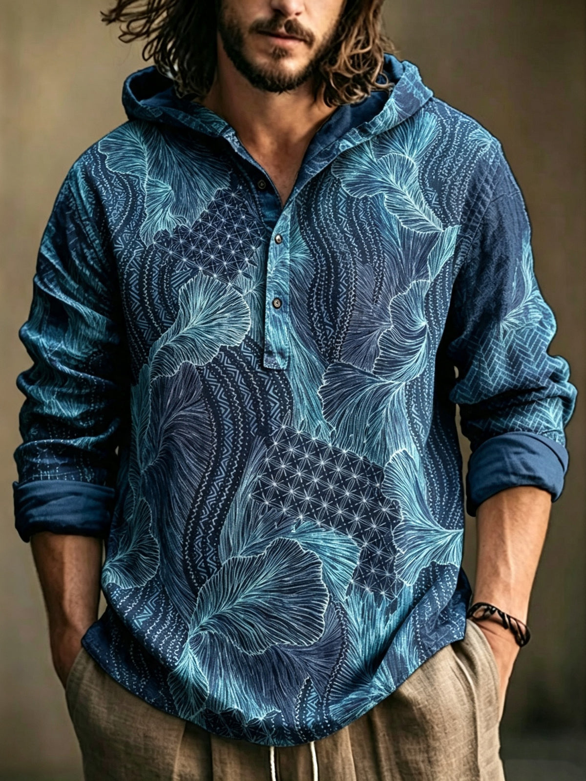 Men's Casual Vacation Printed Cotton Linen Hoodie
