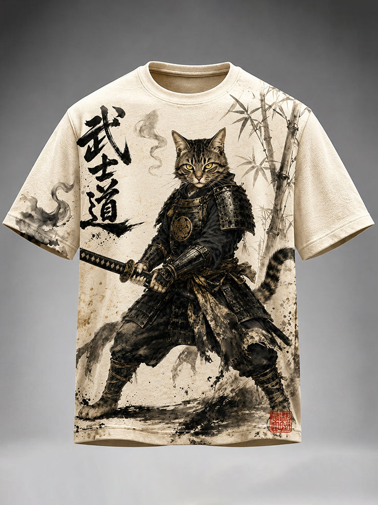Men's Retro Japanese Cat Samurai Art Print Short Sleeve T-shirt