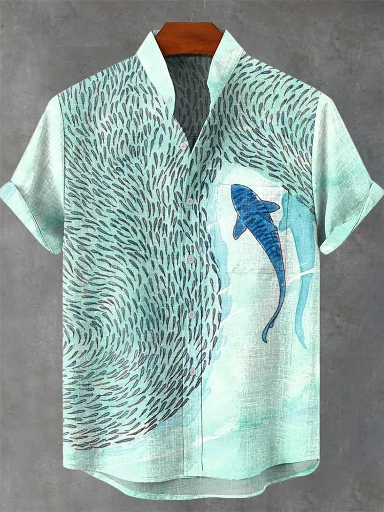 Men's Retro Art Fish Print Cotton Linen Short-sleeve Shirt