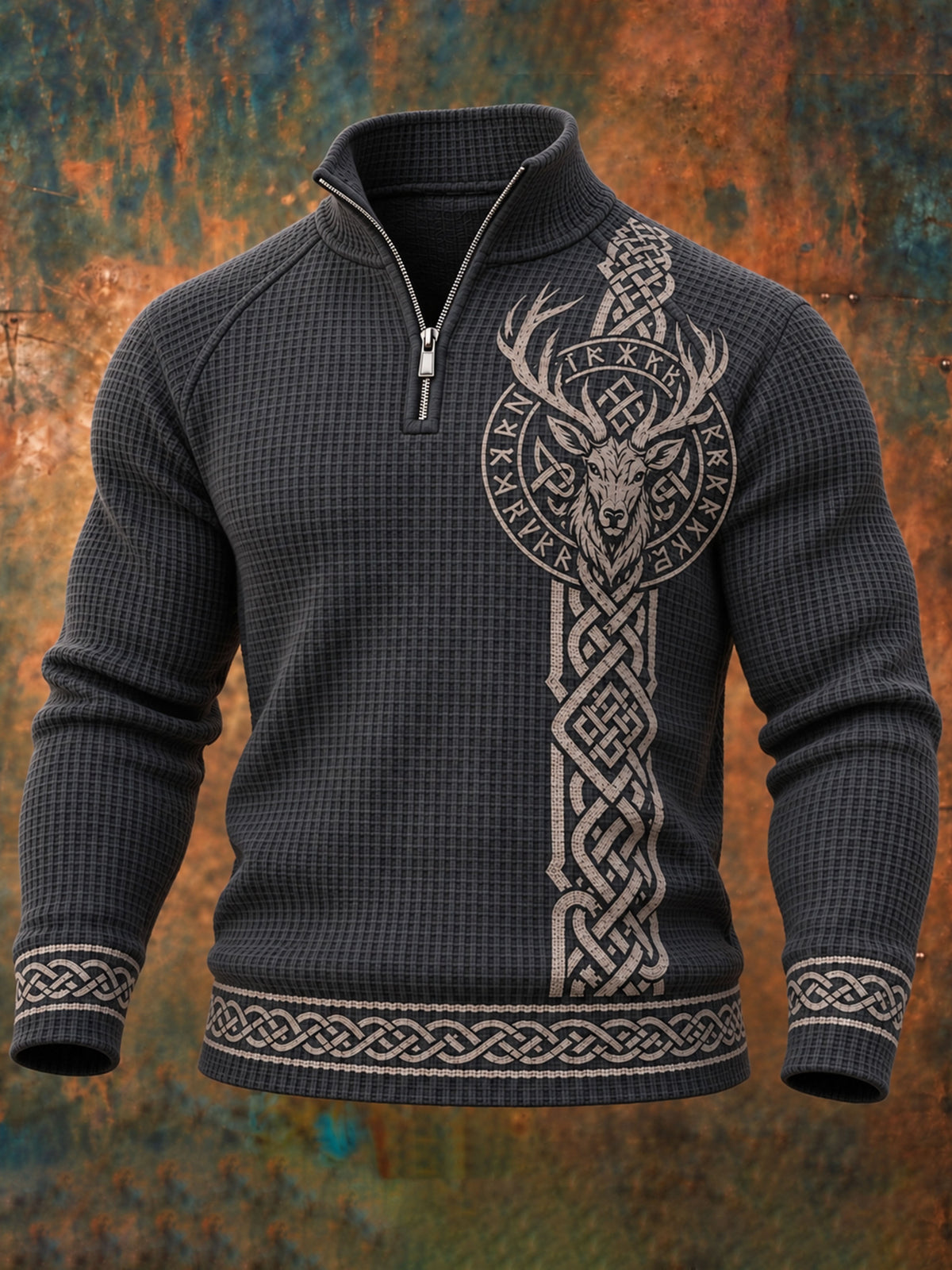 Men’s Vintage Viking Stag Head And Celtic Knot Print Long-sleeve Waffle-knit Sweatshirt