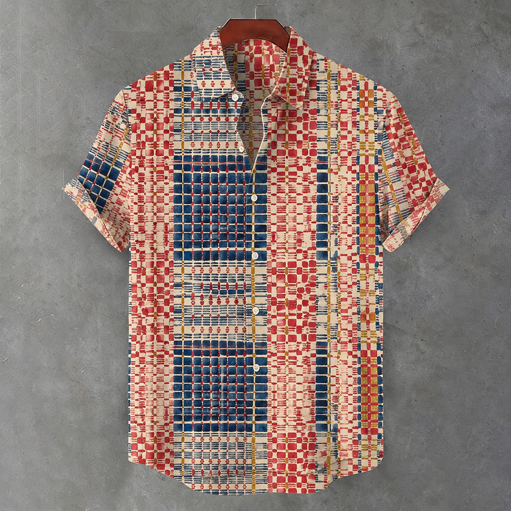Men's Vintage Japanese Geometric Art Print Cotton-linen Blend Short-sleeved Shirt