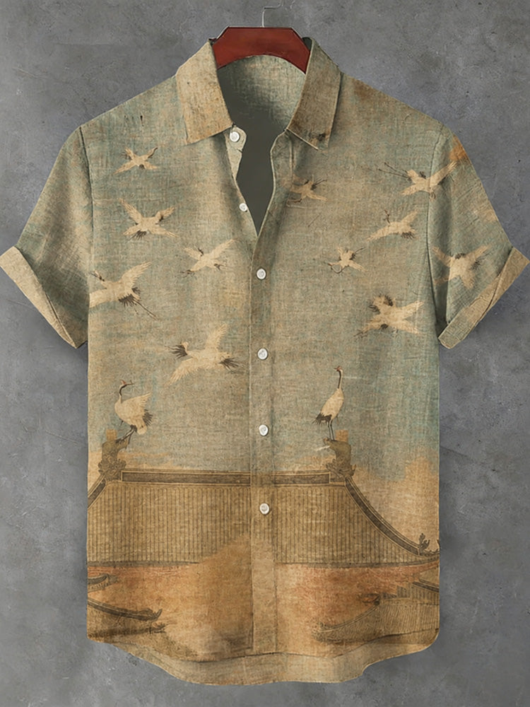 Vintage Flying Crane Scroll Art Print Linen-cotton Blend Short-sleeved Shirt