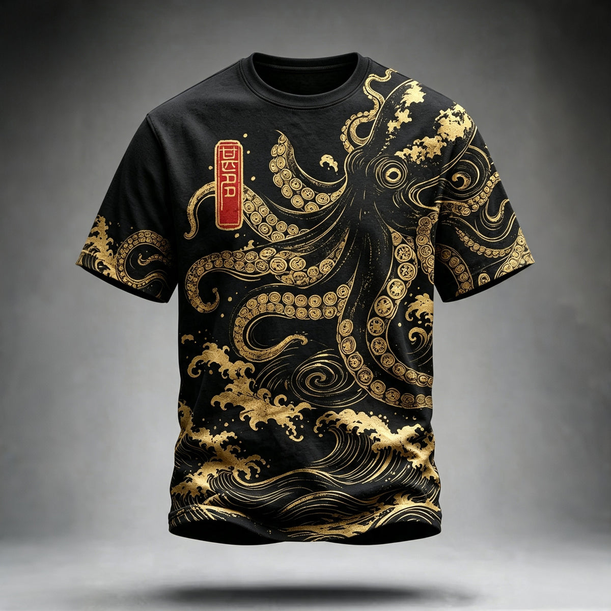 Men's Retro Japanese Art Octopus Wave Print Crew Neck Short Sleeve T-shirt